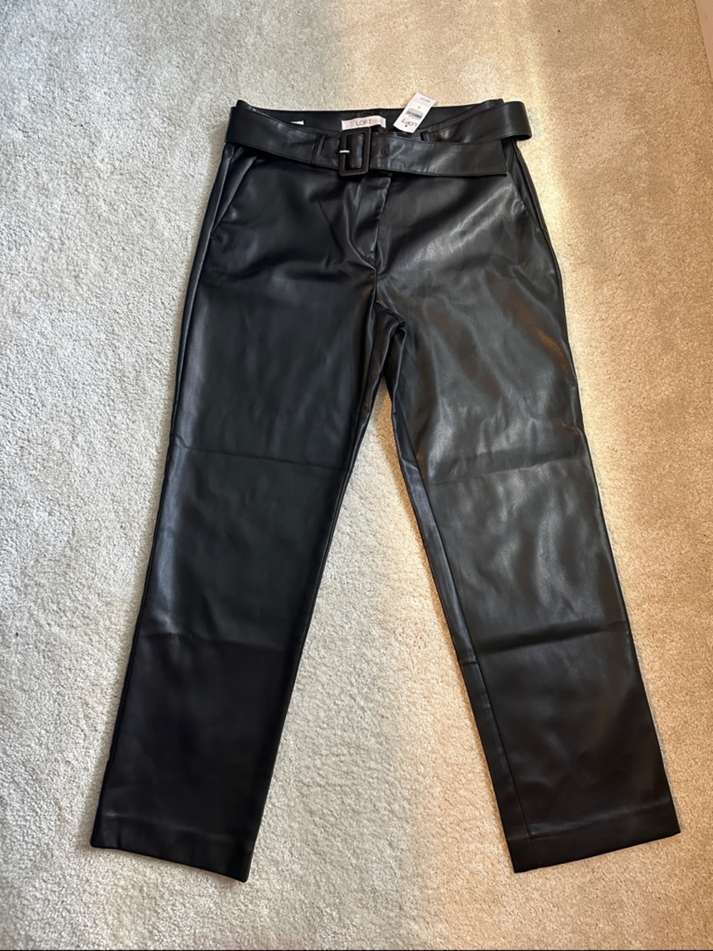 LOFT Black Faux Leather Belted Trousers